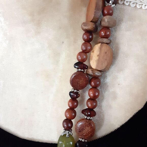 Natural wood tones green bead 58" long necklace rustic - Picture 3 of 4